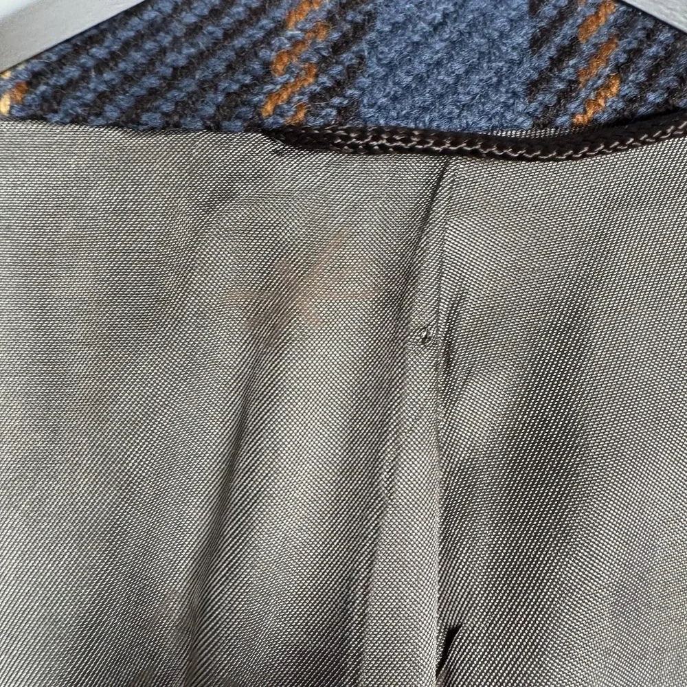 VTG 70s HARDY AMIES OF LONDON Blazer Wool Brown Blue Plaid Long L/XL (32x24.5)
